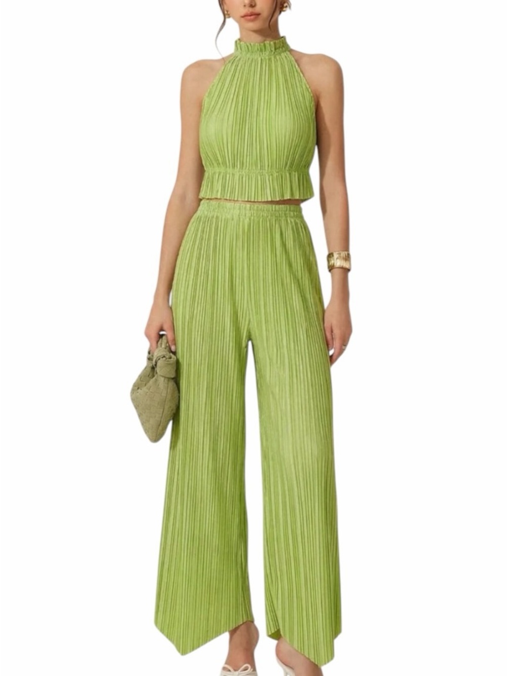 Commense Lime Green Pleated Halter Top Wide Leg Pants Set Small NWT